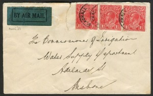 Aerophilately & Flight Covers: Mar.1923 issued (Frommer.9d) Qantas black/dark green "BY AIR MAIL" vignette commercially used on a 1926 flown cover from Blackall to Brisbane, endorsed 'Guaranteed Genuine' on the reverse. On an annotated page with a postcard of the Post and Telegraph Office, Blackall, Qld.. Ex Maurice Williams Collection.