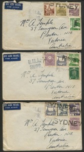 BCOF Japan: POSTAL HISTORY: Group of circa 1945-46 covers to Australia; all bearing Japanese adhesives tied by handstamped "H.M.A. / SHIPS", "SYDNEY" and/or "PASSED"; all from the same airmail-rate correspondence to Preston, Vict. (3).