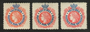 VICTORIA: 1901-13 (SG.398, 430 & 443) 5/- rose-red & blue, wmk V over Crown perf.12x12½, wmk Crown over A perf.12x12½ & perf.11, (3); fresh Mint.