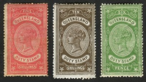 QUEENSLAND - Revenues: 1892 Duty Stamps: 5/- pinkish-rose Mint; plus 6d green and 10/- brown with colourless embossed cancels, (3).