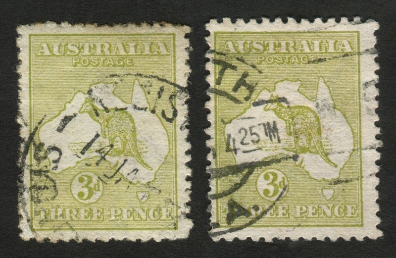 Kangaroos - First Watermark: 3d Olive & 3d Olive-Green (Die 1), singles with WATERMARK INVERTED variety [BW:12a - $225 each], (2) G-FU.