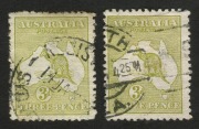 Kangaroos - First Watermark: 3d Olive & 3d Olive-Green (Die 1), singles with WATERMARK INVERTED variety [BW:12a - $225 each], (2) G-FU.