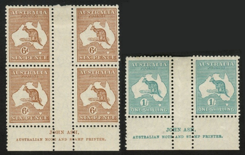 Kangaroos - Small Multiple Watermark: 6d Chestnut, Ash Imprint [N over N] blk.4 from Plate 3 with variety "White hairline from value circle to map" MLH/MUH; also 1/- Blue-Green, Ash Imprint [N over N] pair from Plate 3 MLH. BW Cat. $850. (6).