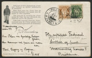 ARCTIC: AMUNDSEN: July 1918, FRAM postcard, €œPolar Bear on Ice€� reverse, with POLHAVET cancels tieing Norwegian adhesives to Kristiana (Oslo), VF.