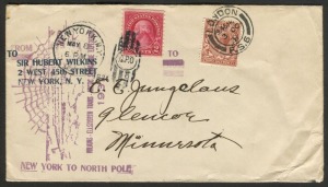 ARCTIC: 1931 (May) Wilkins-Ellsworth Trans-Arctic Submarine Expedition cover with cachet in purple & straight-line "NEW YORK TO NORTH POLE" cachet; franked with GB 1½d and USA 2c. and postmarked at New York and London.