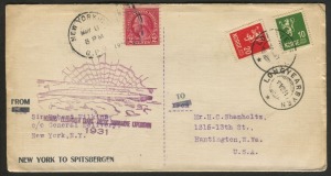ARCTIC: 1931 (May) Wilkins-Ellsworth Trans-Arctic Submarine Expedition cover with cachet in purple and straight-line "New York to Spitsbergen" cachet in black; frankings of 2c USA and Norway 10o & 20o postmarked at NEW YORK and LONGYEARBYEN.