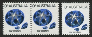 1974 (SG.552a var.) 10c Star Sapphire, horizontal pair "Printed on the gummed side" [BW: 648ci] plus a normal signle for comparison, (3) MUH.