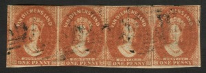 TASMANIA: 1857-67 (SG.27) 1d brick-red, horizontal strip (4) FU with margins all sides, just touching at base of 2nd unit. Attractive multiple.