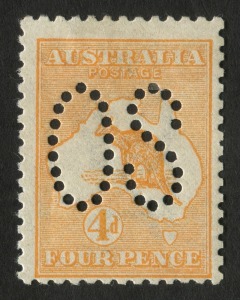 Kangaroos - First Watermark: 4d Orange, perforated Large OS, Mint. BW:15ba - $750. (SG.O6 - £350).