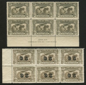 1931 (SG.139) 6d Air Mail, Ash Imprint blk.6 (4**,2*) plus a marginal blk.6 of the 6d Air Mail overprinted OS (**) (SG.139a). (12). Cat.$500.