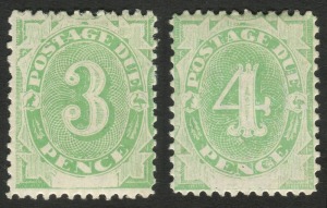 Postage Dues: 1902 (SG.D4 & 5) 3d emerald-green with variety [BW: D7h] "White scratch through STAG of POSTAGE", plus 4d emerald-green with variety [BW:D88d] "Diagonal white scratch through lower left spandrel", (2), Mint.