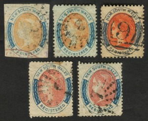 NEW SOUTH W1856-63 (6d) Registration: an Imperf example with margins all sides, plus 4 perforated examples (of which one is a forgery), perf.12 and 13, (5) G-FU. Cat.approx.£400.ALES: 1856-63 (6d) Registration: an Imperf example with margins all sides, pl