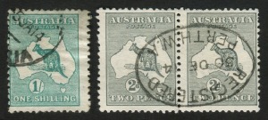 Kangaroos - First Watermark: INVERTED WATERMARKS: 2d Grey (Die 1) horizontal pair with PERTH Dec.1914 REGISTERED oval d.s; also, 1/- Deep Green (centred left) with commercial usage Jan.1914 cds. [BW:5a & 30a - $700].