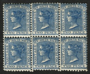 NEW SOUTH WALES: 1884 (SG.225g) perf.11x12, 2d Prussian Blue, block (6) MUH with full original gum.