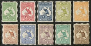 Kangaroos - First Watermark: ½d to 2/- (3d is Die I), the 6d few nibbed perfs, 9d slight aging, 1/- & 2/- hinge remnants, others generally fine MLH, Cat. $2100+. (10)