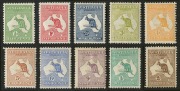 Kangaroos - First Watermark: ½d to 2/- (3d is Die I), the 6d few nibbed perfs, 9d slight aging, 1/- & 2/- hinge remnants, others generally fine MLH, Cat. $2100+. (10)