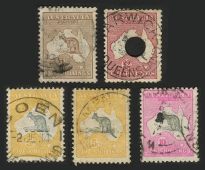 Kangaroos - Collections & Accumulations: Selection with First Wmk 5/- & £2 (telegraph puncture), Second Wmk 2/-, Third Wmk 10/- & CofA 5/-, good to fine used, Cat. $1500+ (ex telegraph puncture £2)