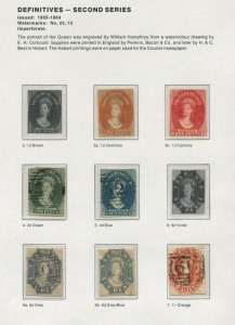 TASMANIA: 1853-1912 Collection on Seven Seas album pages with used imperf 4d Courier, Chalons to 1/- incl. Star Wmk 4d, perforated Chalons to 1/-, Sidefaces to 5/- (fiscal) including rare 4d blue (cleaned pen cancel), Tablets incl. 2/6d, 5/- & 10/-, Pictorials simplified set mint (some aging); Revenues with perforated George & Dragon 2/6d, 5/- (2) & 10/- and £1 Tablet optd 'REVENUE', also 1888 1d Platypus Postal Fiscal with ovpt ''REVENUE' DOUBLED' mint (Cat, £325)
