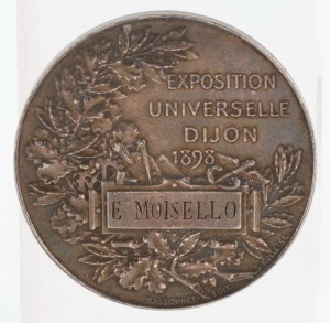 FRANCE: Silvered-bronze medal by Massonnet, "EXPOSITION UNIVERSELLE DIJON 1898" awarded to E. MOISELLO. The obverse depicts industrial and commercial activities, a steam train, a ship, etc.
