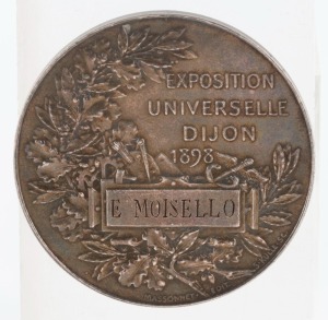 FRANCE: Silvered-bronze medal by Massonnet, "EXPOSITION UNIVERSELLE DIJON 1898" awarded to E. MOISELLO. The obverse depicts industrial and commercial activities, a steam train, a ship, etc.