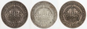 Coins - Australia: Crowns: George VI, 1937 (3), VF.