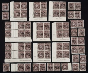 BCOF Japan: 3d King George VI, blocks, singles and pairs, (65+); including 9 Imprints, mainly MUH. Cat. £195+.