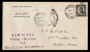 ARCTIC: MacMILLAN ARCTIC EXPEDITION: 10 June 1925 cover flown from Philadephia to Boston Naval Yard, the first of a series of flights intended to test the feasability of a flight from Greenland to the North Pole. With 4-line cachet; departure (June 9) and