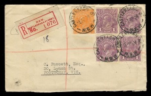KGV Heads - Single Watermark: 1d KGV VIOLET (SG.57) POSTAL USAGES: 1922-24 collection of covers, comprising single, multiple and mixed frankings, airmails and registered mails, domestic usages and mail to foreign destinations, incl. single franking on printed matter cover from N.S.W. to Java; one horizontal strip of 6 on cover from Fremantle; 1d + ½d KGV on wrappers from Melbourne to USA; 1d + 3 x 1½d green KGV on reg'd. cover to New Zealand; 1d + 2d KGV on underpaid cover from Sydney to Switzer