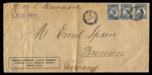 Kangaroos - First Watermark: July 1913 usage of 2½d Indigo (x3), each perforated "L & Co" for Lohmann & Co. (Shipping Agents) on a LATE FEE endorsed cover from RAILWAY STATION SYDNEY to Bremen, Germany; the cover is also endorsed "R.M.S. Marmora" at upper left.