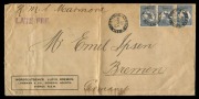 Kangaroos - First Watermark: July 1913 usage of 2½d Indigo (x3), each perforated "L & Co" for Lohmann & Co. (Shipping Agents) on a LATE FEE endorsed cover from RAILWAY STATION SYDNEY to Bremen, Germany; the cover is also endorsed "R.M.S. Marmora" at upper