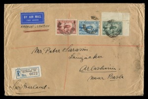 July 1932 usage of 2d, 3d & 5/- Sydney Harbour Bridge set on registered airmail cover from Melbourne to Switzerland endorsed "Karachi-London" at top left; with departure, transit and arrival backstamps. Less frequently seen postally used than on a first d