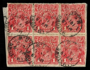 KGV Heads - Single Watermark: 1d Red, perforated OS blk.(6) comprising of two Die 1+2+2 strips, attractively used on a small piece with ADAMSTOWN N.S.W. cds's of May 1915. A scarce multiple.