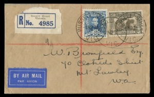 First Day & Commemorative Covers: 1931 6d Sepia Air Mail Service (SG.139) attractively tied (in combination with 3d Sturt) on 4 NOVEMBER 1931 registered airmail FDC from RUSSELL ST., MELBOURNE to Mt.LAWLEY, W.A. with dull departure and arrival backstamps. Cat: $850