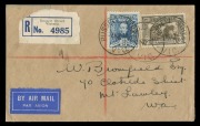 First Day & Commemorative Covers: 1931 6d Sepia Air Mail Service (SG.139) attractively tied (in combination with 3d Sturt) on 4 NOVEMBER 1931 registered airmail FDC from RUSSELL ST., MELBOURNE to Mt.LAWLEY, W.A. with dull departure and arrival backstamps.