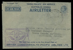 Aerophilately & Flight Covers: AIRLETTERS with Special Event Overprints: April 1946 (AAMC.1036a) Sydney - Singapore flown airletter with overprint in purple and signed by the pilots, Furze and Moxham; April 1946 (AAMC.1038a) Sydney - London flown airlette