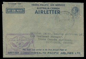 Aerophilately & Flight Covers: AIRLETTERS with Special Event Overprints: April 1946 (AAMC.1036a) Sydney - Singapore flown airletter with overprint in purple and signed by the pilots, Furze and Moxham; April 1946 (AAMC.1038a) Sydney - London flown airletter with overprint in red and signed by the pilots, Solly and Nicholl; Sept. 1946 (AAMC.1066a) Sydney - Vancouver flown airletter with overprint in blue and hand-stamped cachet in violet. All with arrival b/stamps and very fine. (3). Cat.$825.