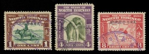 NORTH BORNEO:JAPANESE OCCUPATION OF NORTH BORNEO: 1942 (SG.J1, J4 & J6) 1c green & red-brown, 4c bronze-green & violet, and 8c scarlet, all handstamped in violet and FU, (3). Cat.£900.