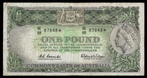 Banknotes - Australia: Star Banknotes: ONE POUND, Queen Elizabeth II, Coombs/Wilson (1961) HE/88 87848* star note (R.34Sb), F.