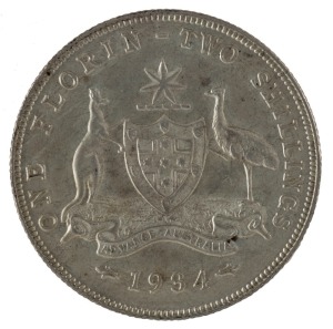 Coins - Australia: Two Shillings: George V, 1934, aUnc.