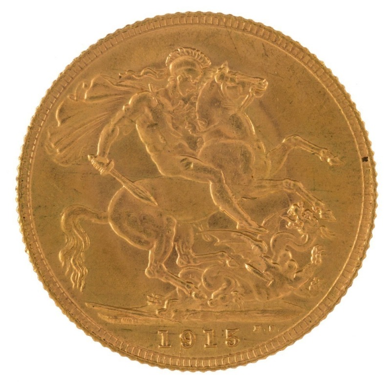 Coins - World: Great Britain: 1915 Sovereign, George V, St. George reverse, EF.