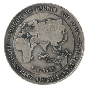 BERT HINKLER AIRMAN BUNDABERG, Australia, London to Darwin flight in 16 days, Feb 1928, in oxidized silver plate (50mm) (C.1928/1), by CDR (C.Douglas Richardson for Stokes).