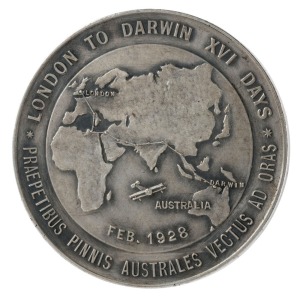 BERT HINKLER AIRMAN BUNDABERG, Australia, London to Darwin flight in 16 days, Feb 1928, in oxidized silver plate (50mm) (C.1928/1), by CDR (C.Douglas Richardson for Stokes).