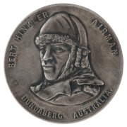 BERT HINKLER AIRMAN BUNDABERG, Australia, London to Darwin flight in 16 days, Feb 1928, in oxidized silver plate (50mm) (C.1928/1), by CDR (C.Douglas Richardson for Stokes). - 2