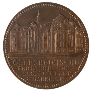 GERMANY: 1911 Bronze, (60mm) Mannheim - for the 25th Anniversary of the Upper Rhine Insurance Organization, 1886 - 1911, the obverse with the busts of  Friedrich I. + II.