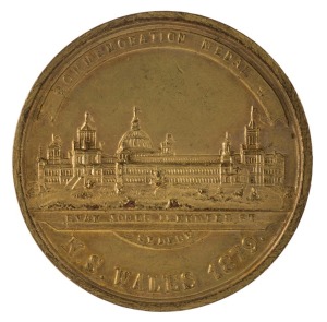 AUSTRALIA: "To Commemorate The Grand National Demonstration, United. November 10 1879", in gilt (38mm) (Smith 216; C.1879/8), by Evan Jones, 11 Hunter St, Sydney, reverse, Sydney Exhibition Building and at the top, 'Commemoration Medal' and at the bottom, 'N.S.Wales 1879'.