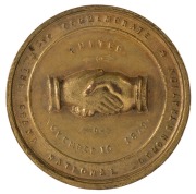 AUSTRALIA: "To Commemorate The Grand National Demonstration,  United. November 10 1879", in gilt (38mm) (Smith 216; C.1879/8), by Evan Jones, 11 Hunter St, Sydney, reverse, Sydney Exhibition Building and at the top, 'Commemoration Medal' and at the bottom - 2