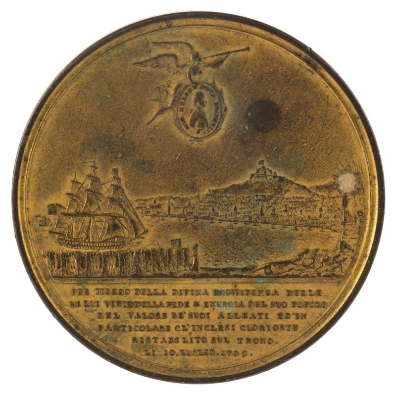 BRITISH Historical medal: Restoration of Ferdinand IV of Naples as the king of the Two Sicilies, 1799, gilt bronze (48mm) by C.H. Küchler, armoured and draped bust of Ferdinand right, rev. ship entering Bay of Naples, Fame flying above, holding medallion