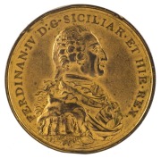 BRITISH Historical medal: Restoration of Ferdinand IV of Naples as the king of the Two Sicilies, 1799, gilt bronze (48mm) by C.H. Küchler, armoured and draped bust of Ferdinand right, rev. ship entering Bay of Naples, Fame flying above, holding medallion - 2