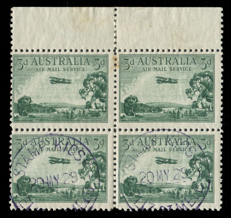 1929 (SG.115) 3d green Airmail, marginal blk.(4), the lower 2 units CTO "STAMP KIOSK - ELIZ. ST. MELB. - 20 MY 29" in violet. An extremely scarce postmark, not previously seen by us.