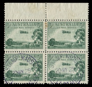 1929 (SG.115) 3d green Airmail, marginal blk.(4), the lower 2 units CTO "STAMP KIOSK - ELIZ. ST. MELB. - 20 MY 29" in violet. An extremely scarce postmark, not previously seen by us.